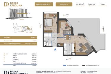 Rzut - Mieszkanie na sprzedaż 3 pokoje o powierzchni 61,12 m² - numer 92 w Osiedle Dakar Karolina