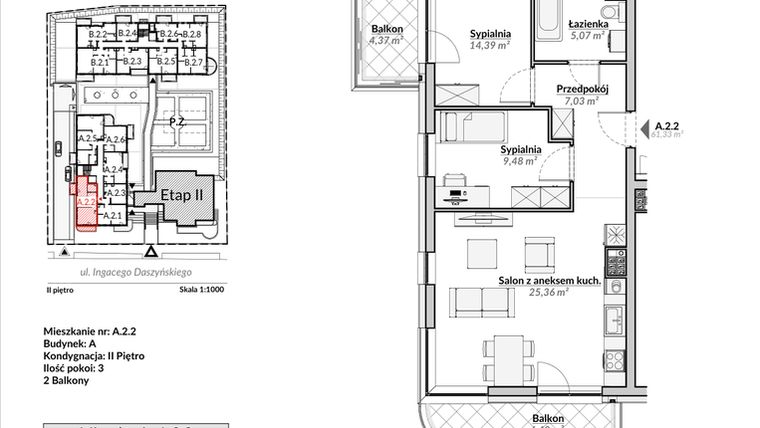 Rzut - Mieszkanie na sprzedaż 3 pokoje o powierzchni 61,33 m² - numer A.2.2 w Nowa Fregata