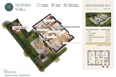 Rzut - Mieszkanie na sprzedaż 3 pokoje o powierzchni 54,97 m² - numer D3/1 w Spokojna Wólka etap IV