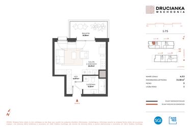 Rzut - Mieszkanie na sprzedaż 1 pokój o powierzchni 31,5 m² - numer A.5.5 w Drucianka Wschodnia