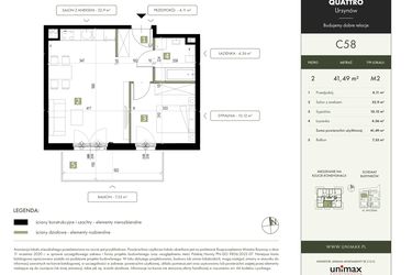 Rzut - Mieszkanie na sprzedaż 2 pokoje o powierzchni 41,49 m² - numer C58 w Quattro Ursynów