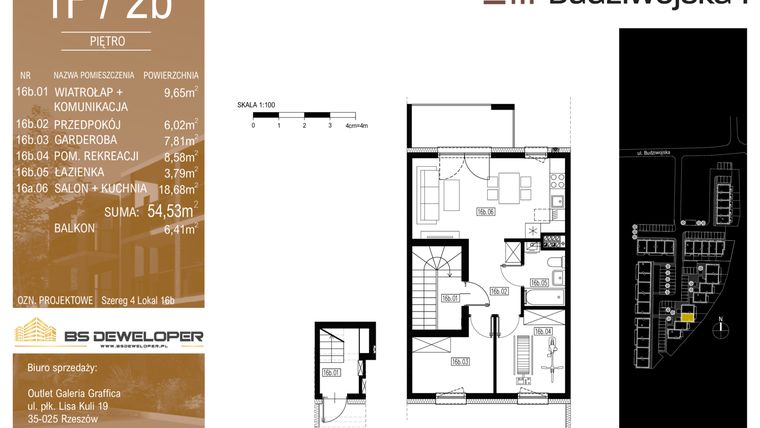 Rzut - Mieszkanie na sprzedaż 3 pokoje o powierzchni 54,53 m² - numer 1F/2b w Budziwojska 3