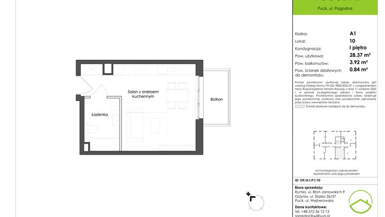 Rzut - Mieszkanie na sprzedaż 3 pokoje o powierzchni 60,87 m² - numer OP/A1/P1/10 w Osiedle Pogodne etap I