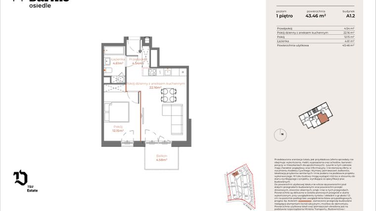 Rzut - Mieszkanie na sprzedaż 2 pokoje o powierzchni 43,46 m² - numer A1.2-01.02 w Sarnie Osiedle
