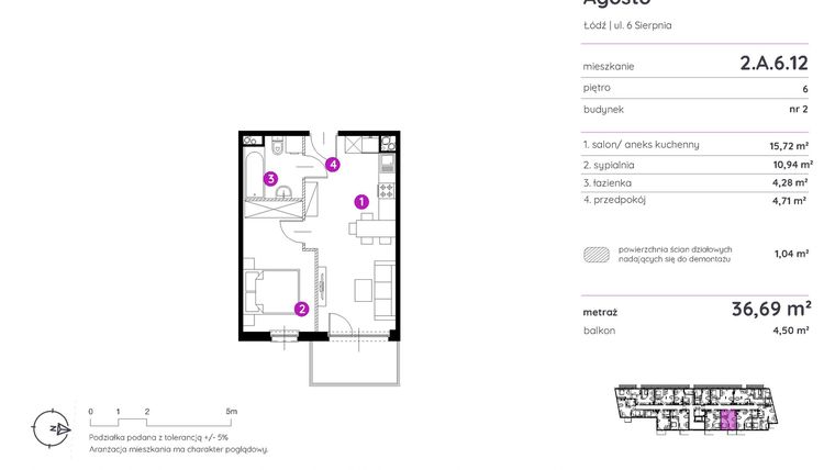 Rzut - Mieszkanie na sprzedaż 2 pokoje o powierzchni 36,47 m² - numer 2.A.6.12 w Murapol Agosto