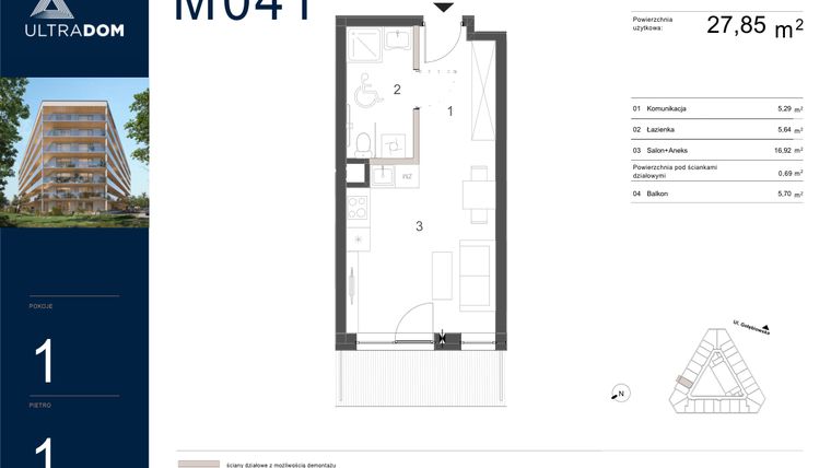 Rzut - Mieszkanie na sprzedaż 1 pokój o powierzchni 28,54 m² - numer M041 w Ultradom