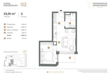 Rzut - Mieszkanie na sprzedaż 2 pokoje o powierzchni 33,91 m² - numer 2 w Witkiewicza Apartments