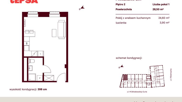 Rzut - Mieszkanie na sprzedaż 1 pokój o powierzchni 28,5 m² - numer M207 w Tepsa Kato