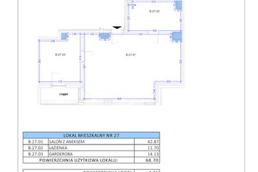 Rzut - Mieszkanie na sprzedaż 3 pokoje o powierzchni 68,7 m² - numer B.27 w Gaja Park