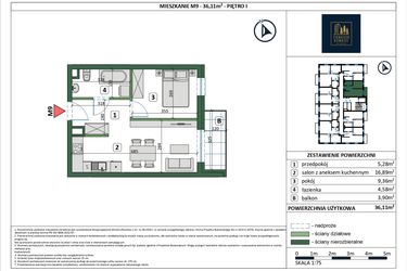 Rzut - Mieszkanie na sprzedaż 2 pokoje o powierzchni 37,48 m² - numer 9 w Osiedle przy Sportowej etap III