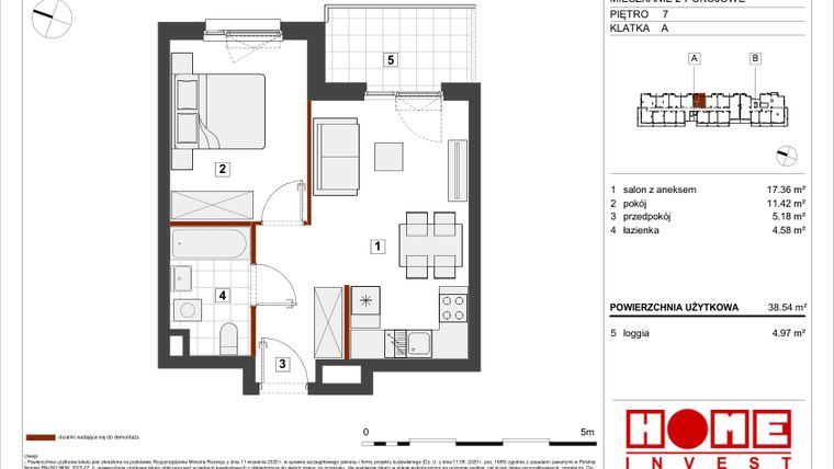 Rzut - Mieszkanie na sprzedaż 2 pokoje o powierzchni 38,54 m² - numer A-A104 w Warszawski Świt etap VII