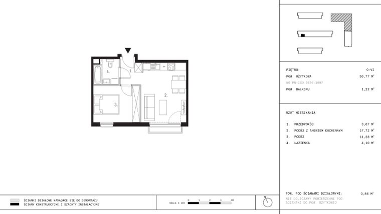 Rzut - Mieszkanie na sprzedaż 2 pokoje o powierzchni 36,77 m² - numer B2.6 w Wynalazek 3A