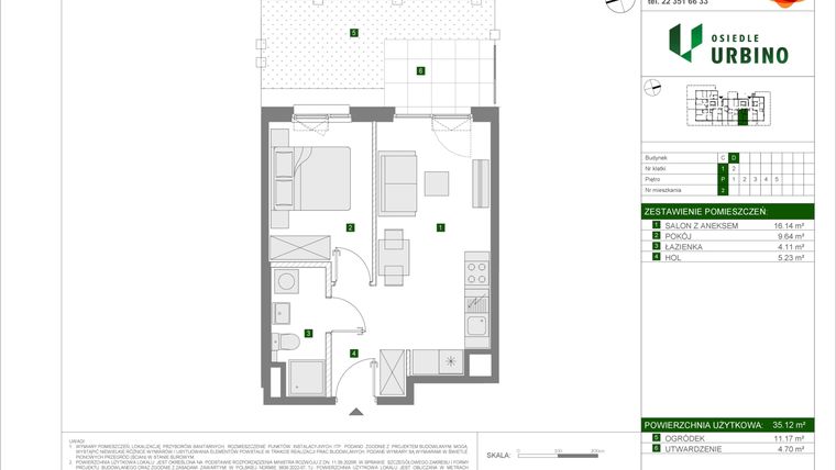 Rzut - Mieszkanie na sprzedaż 2 pokoje o powierzchni 35,12 m² - numer D2 w Osiedle Urbino etap 4.2