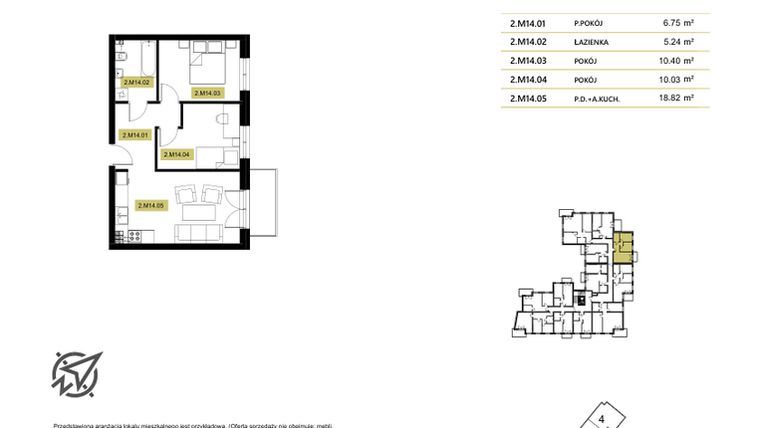 Rzut - Mieszkanie na sprzedaż 2 pokoje o powierzchni 31,54 m² - numer 2M14 w Stary Browar bud. 2
