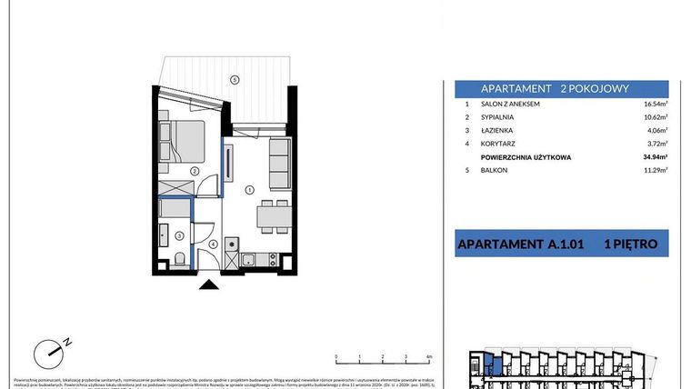 Rzut - Mieszkanie na sprzedaż 2 pokoje o powierzchni 34,94 m² - numer A.1.01 w Wind Yacht
