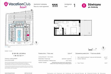 Rzut - Mieszkanie na sprzedaż 1 pokój o powierzchni 22,8 m² - numer 111 w VacationClub Resort