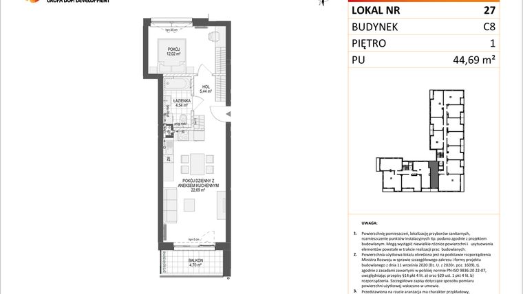 Rzut - Mieszkanie na sprzedaż 2 pokoje o powierzchni 44,69 m² - numer C8.27 w Konstelacja etap IV