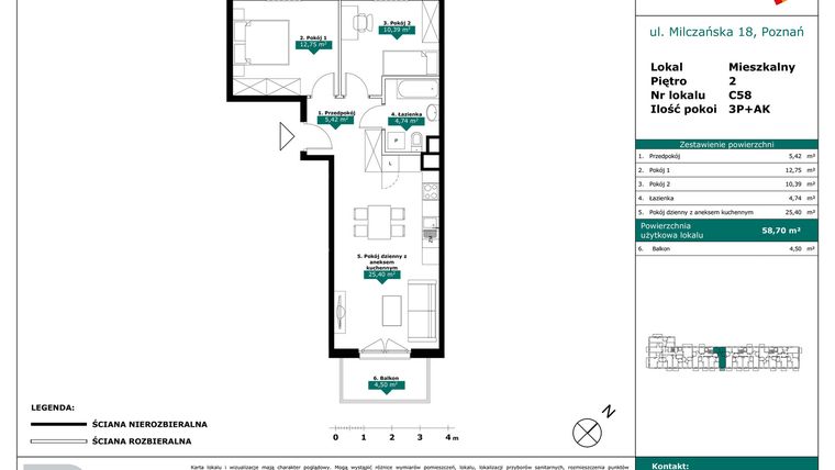 Rzut - Mieszkanie na sprzedaż 3 pokoje o powierzchni 58,7 m² - numer C58 w Milczańska 18