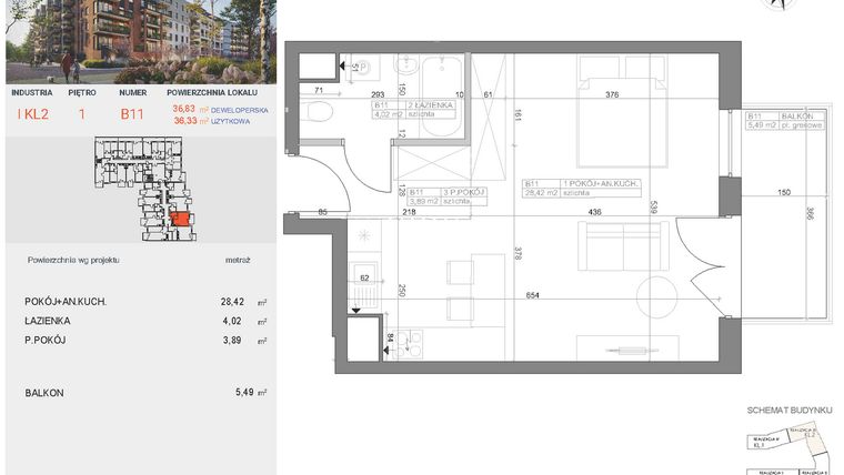 Rzut - Mieszkanie na sprzedaż 1 pokój o powierzchni 36,33 m² - numer I-B11 w Industria etap I-B