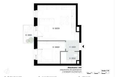 Rzut - Mieszkanie na sprzedaż 2 pokoje o powierzchni 42,79 m² - numer 1.M5 w Stalowa 76