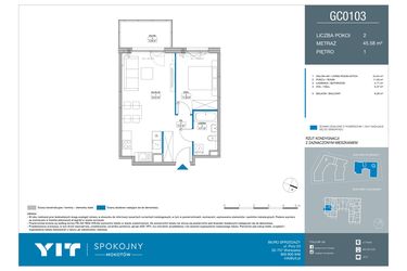 Rzut - Mieszkanie na sprzedaż 2 pokoje o powierzchni 45,58 m² - numer GC0103 w Spokojny Mokotów etap II