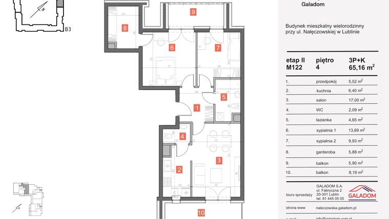 Rzut - Mieszkanie na sprzedaż 3 pokoje o powierzchni 65,16 m² - numer M-122 w Nałęczowska etap II