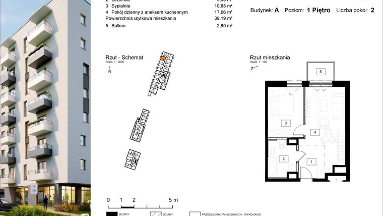 Rzut - Mieszkanie na sprzedaż 2 pokoje o powierzchni 39,67 m² - numer A.12 w Osiedle Kochanowskiego - Gliwice