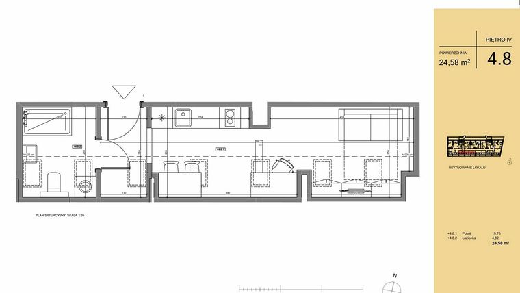 Rzut - Mieszkanie na sprzedaż 1 pokój o powierzchni 24,58 m² - numer 4.8 w Rezydencja San Petrus