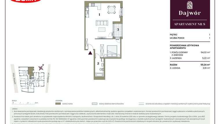 Rzut - Mieszkanie na sprzedaż 1 pokój o powierzchni 59,24 m² - numer 8 w Dajwór