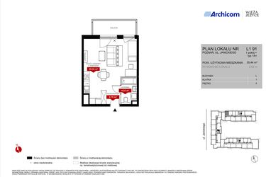 Rzut - Mieszkanie na sprzedaż 1 pokój o powierzchni 35,44 m² - numer L1.91 w Wieża Jeżyce etap VI