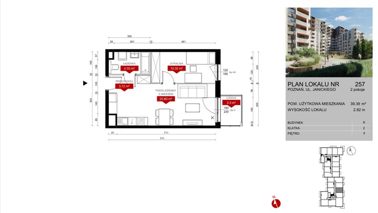 Rzut - Mieszkanie na sprzedaż 2 pokoje o powierzchni 39,39 m² - numer K.257 w Wieża Jeżyce etap V