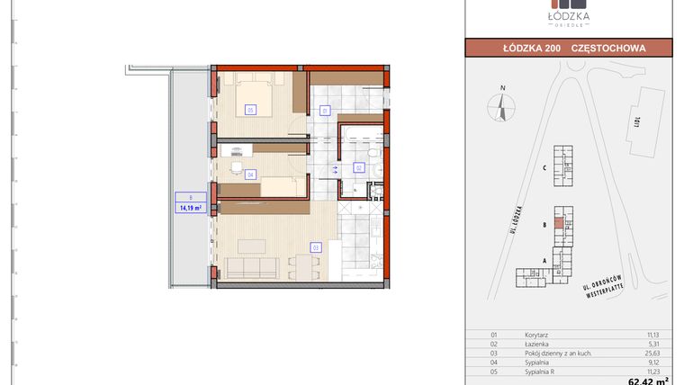 Rzut - Mieszkanie na sprzedaż 3 pokoje o powierzchni 62,91 m² - numer B.M.08 w Łódzka Osiedle