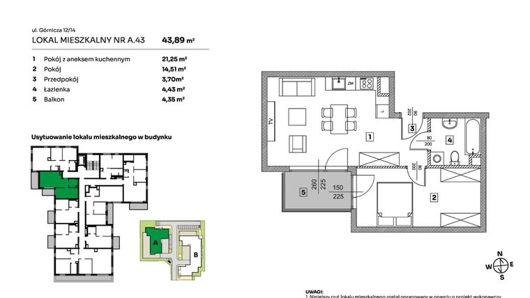 Rzut - Mieszkanie na sprzedaż 2 pokoje o powierzchni 43,89 m² - numer A.43 w Parkove Love