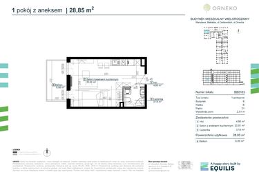 Rzut - Mieszkanie na sprzedaż 1 pokój o powierzchni 28,85 m² - numer BB0163 w Orneko