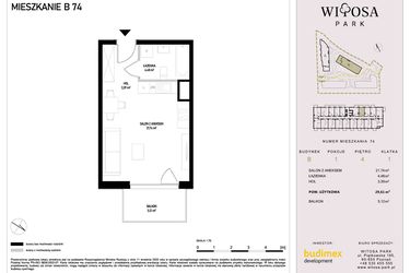 Rzut - Mieszkanie na sprzedaż 1 pokój o powierzchni 29,61 m² - numer B74 w Witosa Park