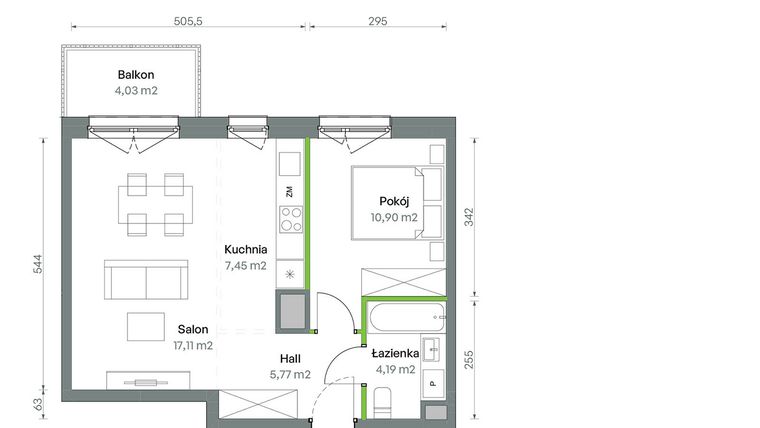 Rzut - Mieszkanie na sprzedaż 2 pokoje o powierzchni 45,42 m² - numer 1/A/2/91 w Oliwska Vita
