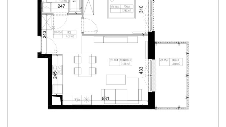 Rzut - Mieszkanie na sprzedaż 2 pokoje o powierzchni 46,52 m² - numer 1.15 w Ogrody Wiślane etap VI
