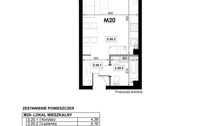 Rzut - Mieszkanie na sprzedaż 1 pokój o powierzchni 29,51 m² - numer M20 w Miejska Premium II