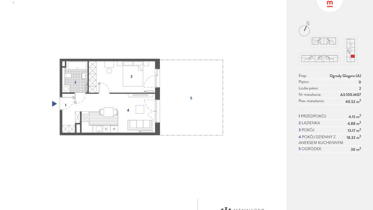 Rzut - Mieszkanie na sprzedaż 2 pokoje o powierzchni 40,64 m² - numer A3.100.M07 w Mieszkaj w mieście - Ogrody Glogera