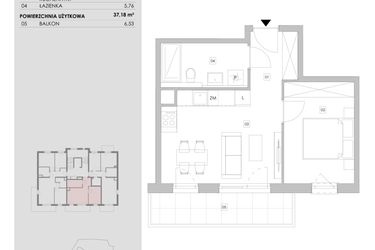 Rzut - Mieszkanie na sprzedaż 2 pokoje o powierzchni 37,18 m² - numer 84.2.07 w ATAL Bronowice