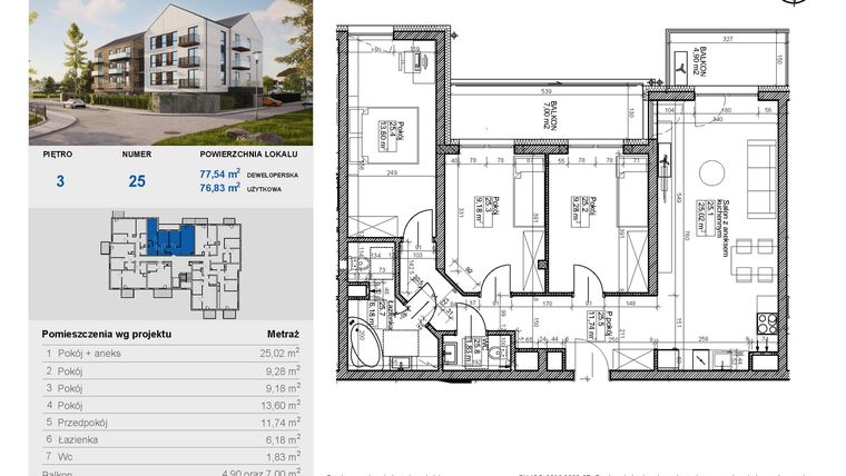Rzut - Mieszkanie na sprzedaż 4 pokoje o powierzchni 76,83 m² - numer 25 w Balantia