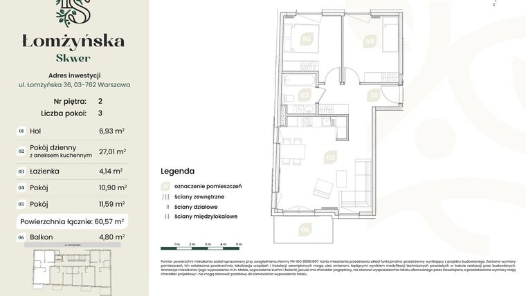 Rzut - Mieszkanie na sprzedaż 3 pokoje o powierzchni 60,57 m² - numer 5 w Łomżyńska Skwer