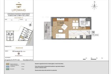 Rzut - Mieszkanie na sprzedaż 1 pokój o powierzchni 25,61 m² - numer A12 w Lipowa 45