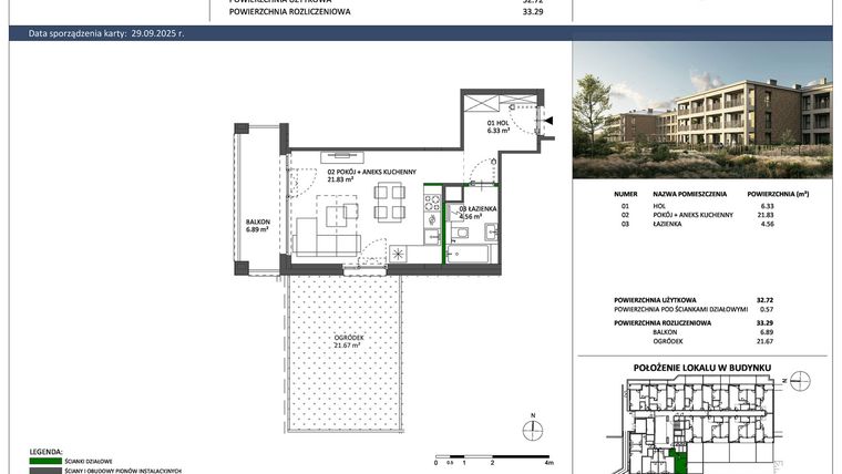 Rzut - Mieszkanie na sprzedaż 1 pokój o powierzchni 32,72 m² - numer B-13 w Hillence etap 2