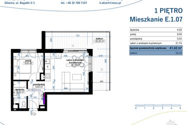 Rzut - Mieszkanie na sprzedaż 2 pokoje o powierzchni 41,42 m² - numer E.1.07 w Wzgórze Poetów 2