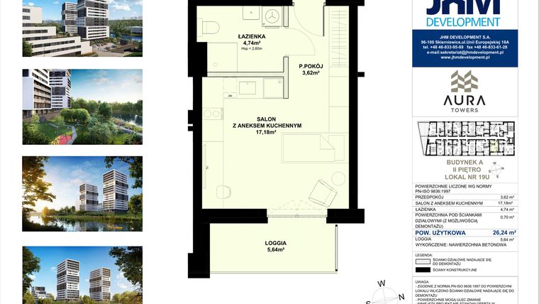 Rzut - Mieszkanie na sprzedaż 1 pokój o powierzchni 26,24 m² - numer A.2.19U w Aura Towers