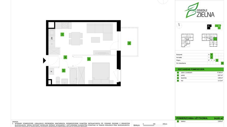 Rzut - Mieszkanie na sprzedaż 2 pokoje o powierzchni 34,85 m² - numer B24 w Osiedle Zielna IV faza 2