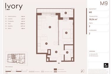 Rzut - Mieszkanie na sprzedaż 2 pokoje o powierzchni 50,54 m² - numer M09 w Ivory