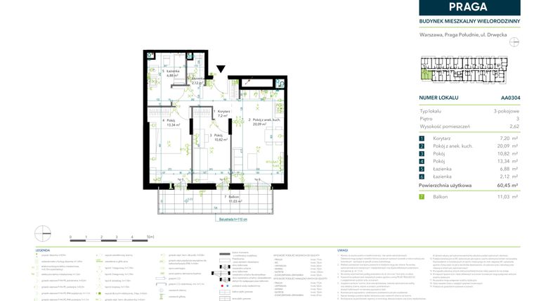 Rzut - Mieszkanie na sprzedaż 3 pokoje o powierzchni 60,45 m² - numer AA0304 w Neo Praga