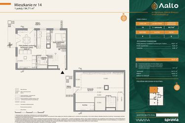 Rzut - Mieszkanie na sprzedaż 1 pokój o powierzchni 94,71 m² - numer E.14 w Aalto